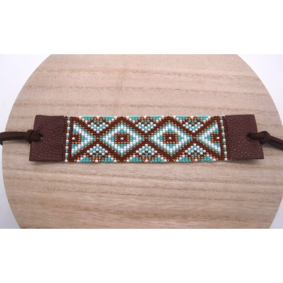 Loom Beaded Bracelet Brown w/ Vegan Leather - Picture 2 of 4